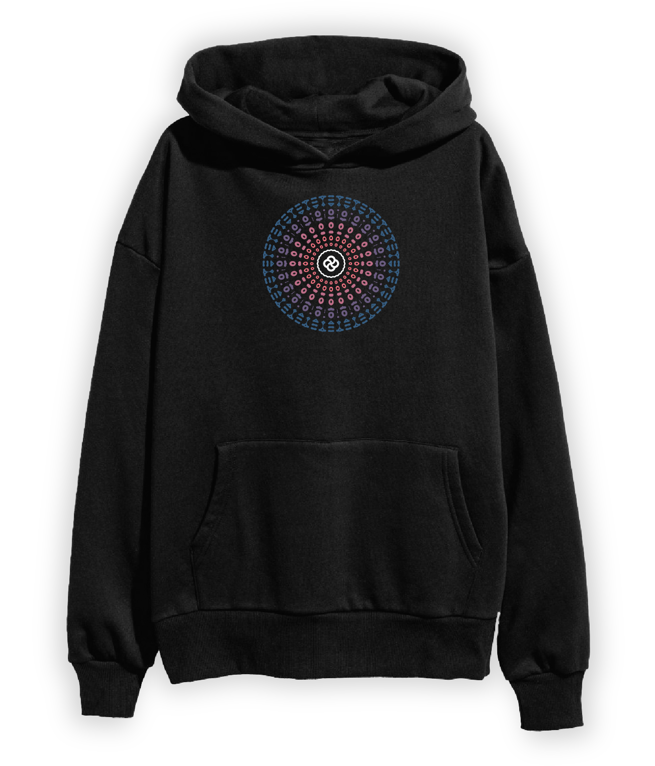 Black hoodie with mandala graphic inspired by CG Jung