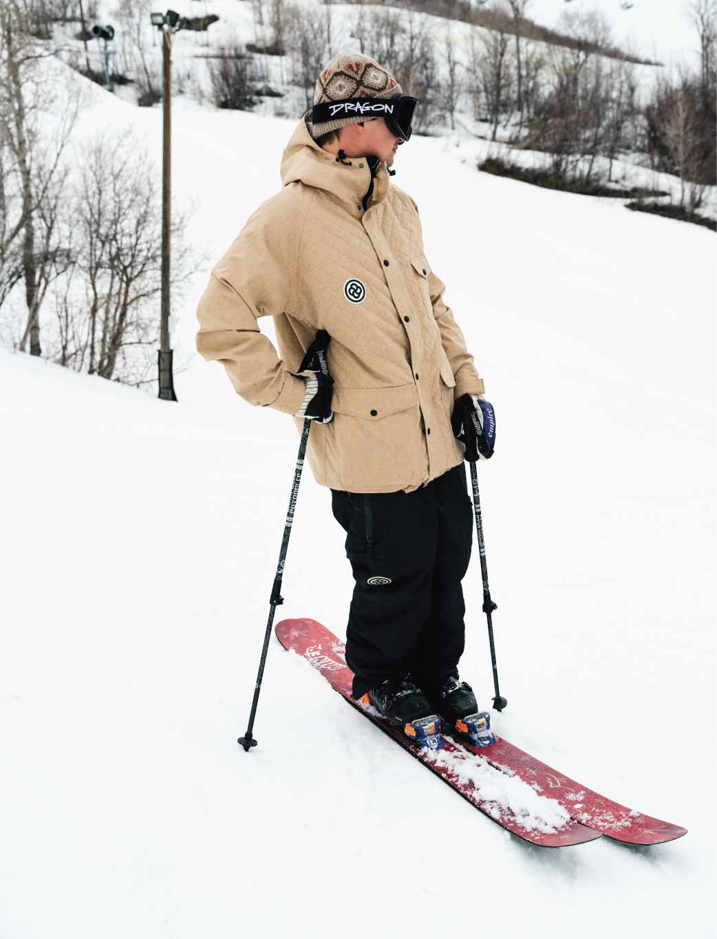 Skier wearing freestyle ski jacket for powder days