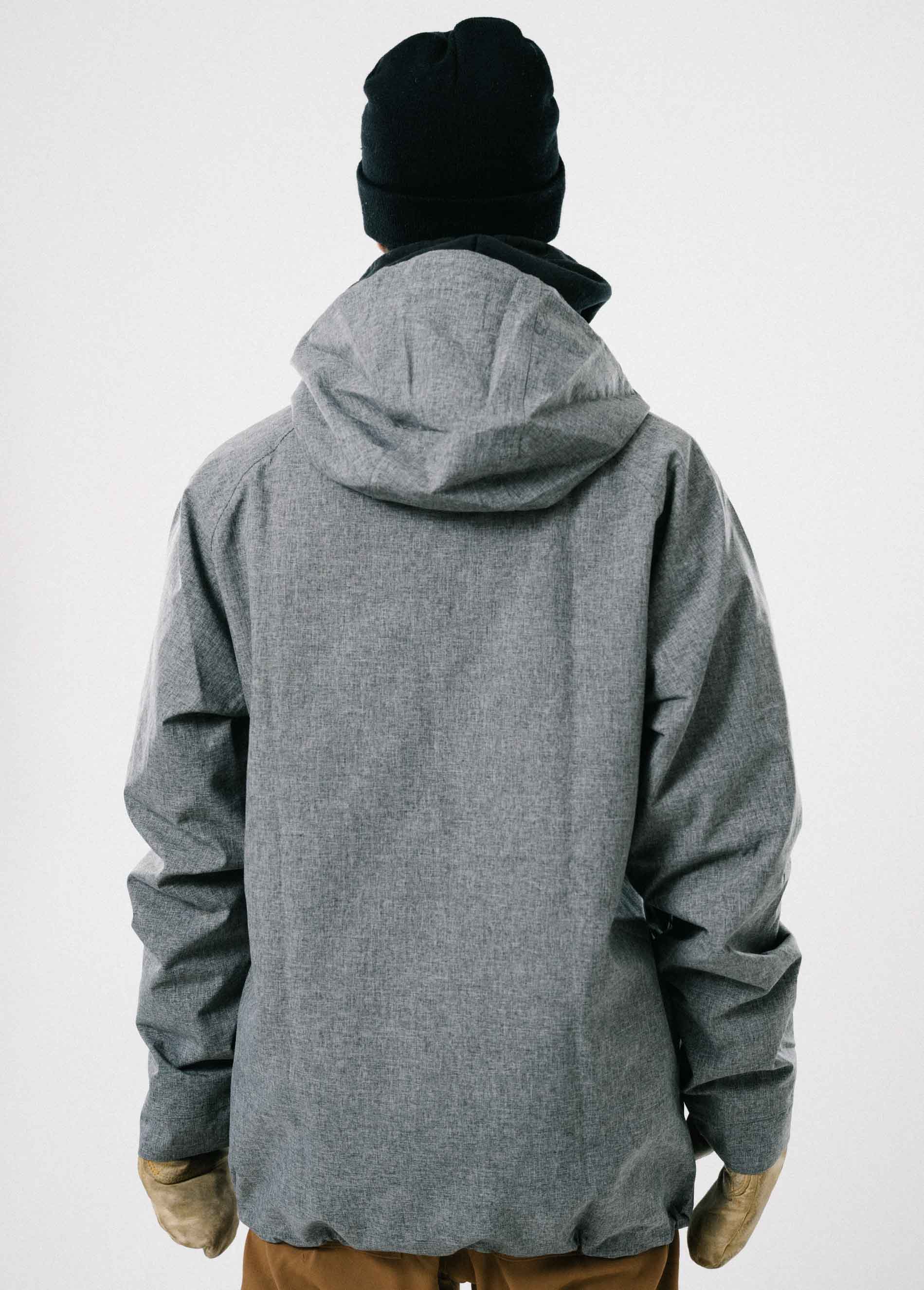 Back of an insulated men's gray ski jacket
