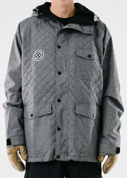 Stylish men's gray ski jacket with quilted puffer pattern and black buttons