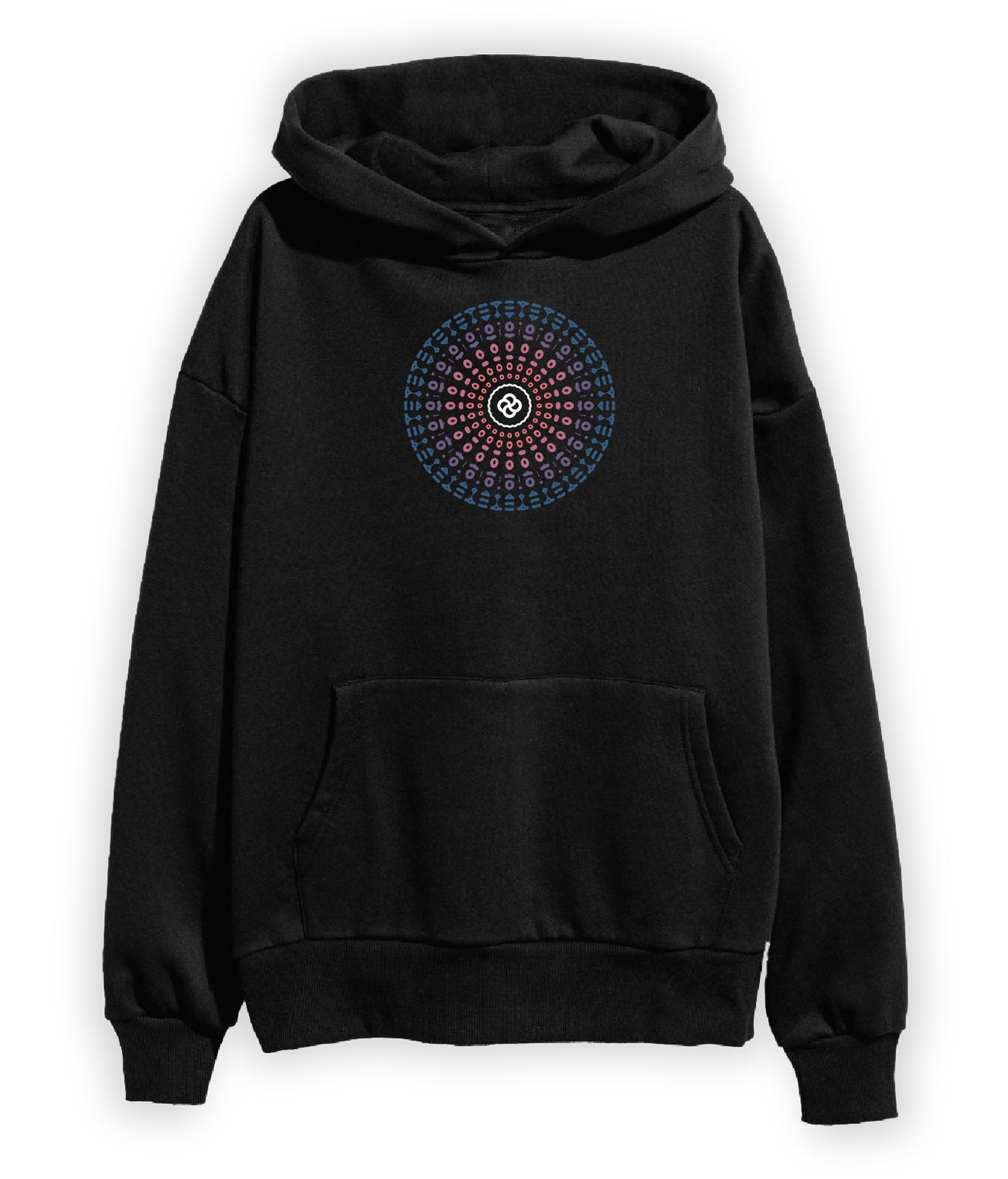 Black hoodie with mandala graphic inspired by CG Jung