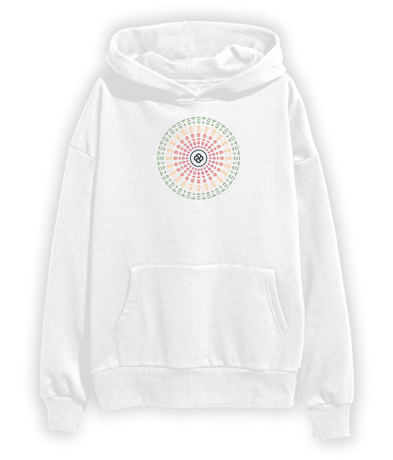 A white hoodie with a colorful mandala graphic