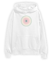 A white hoodie with a colorful mandala graphic