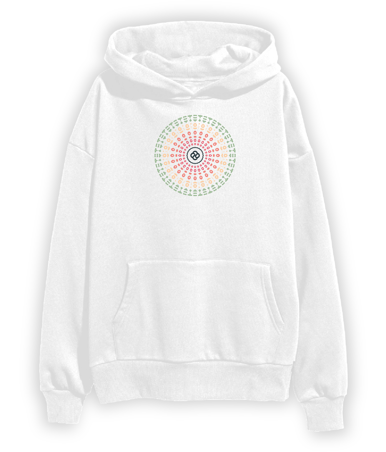 A white hoodie with a colorful mandala graphic