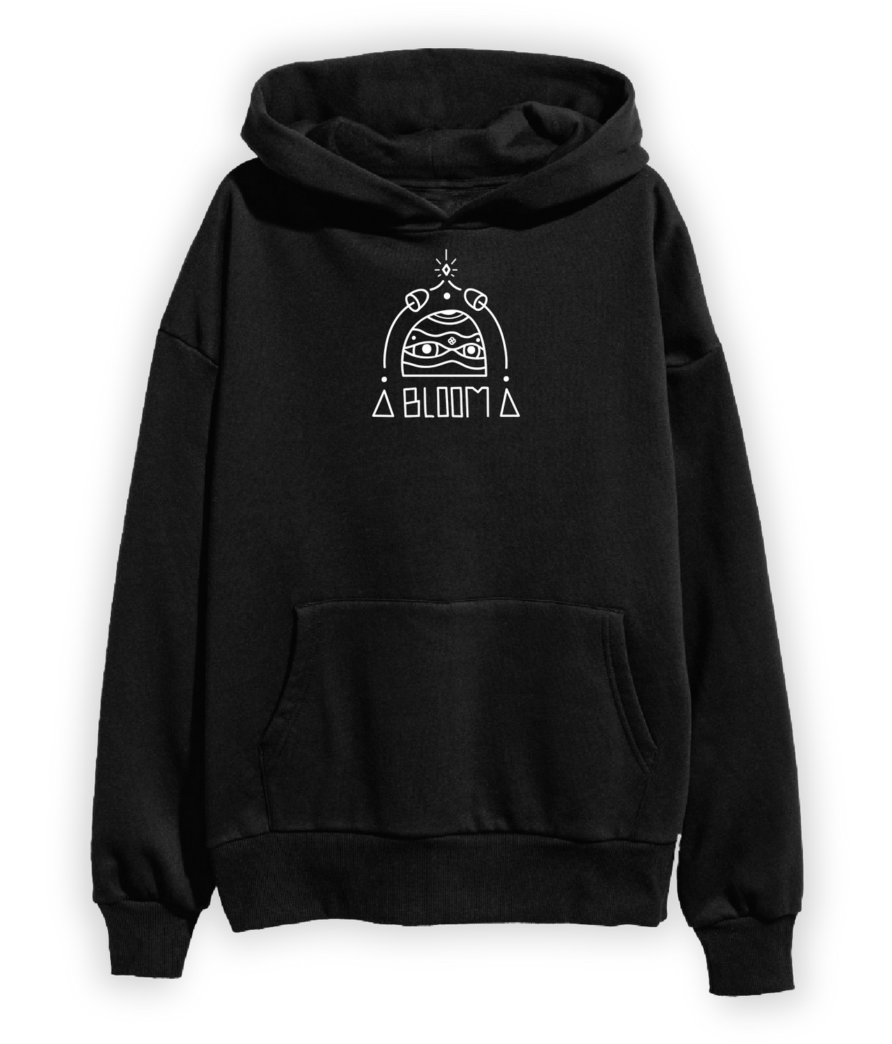 A black hoodie with white graphic print