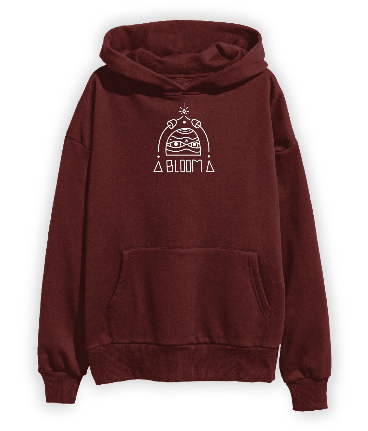Maroon hoodie with white psychedelic graphic by Bloom Outerwear