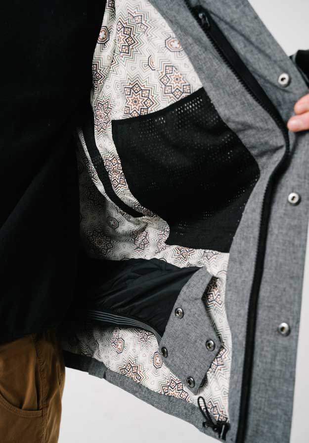 Close-up of powder skirt on the best ski jacket