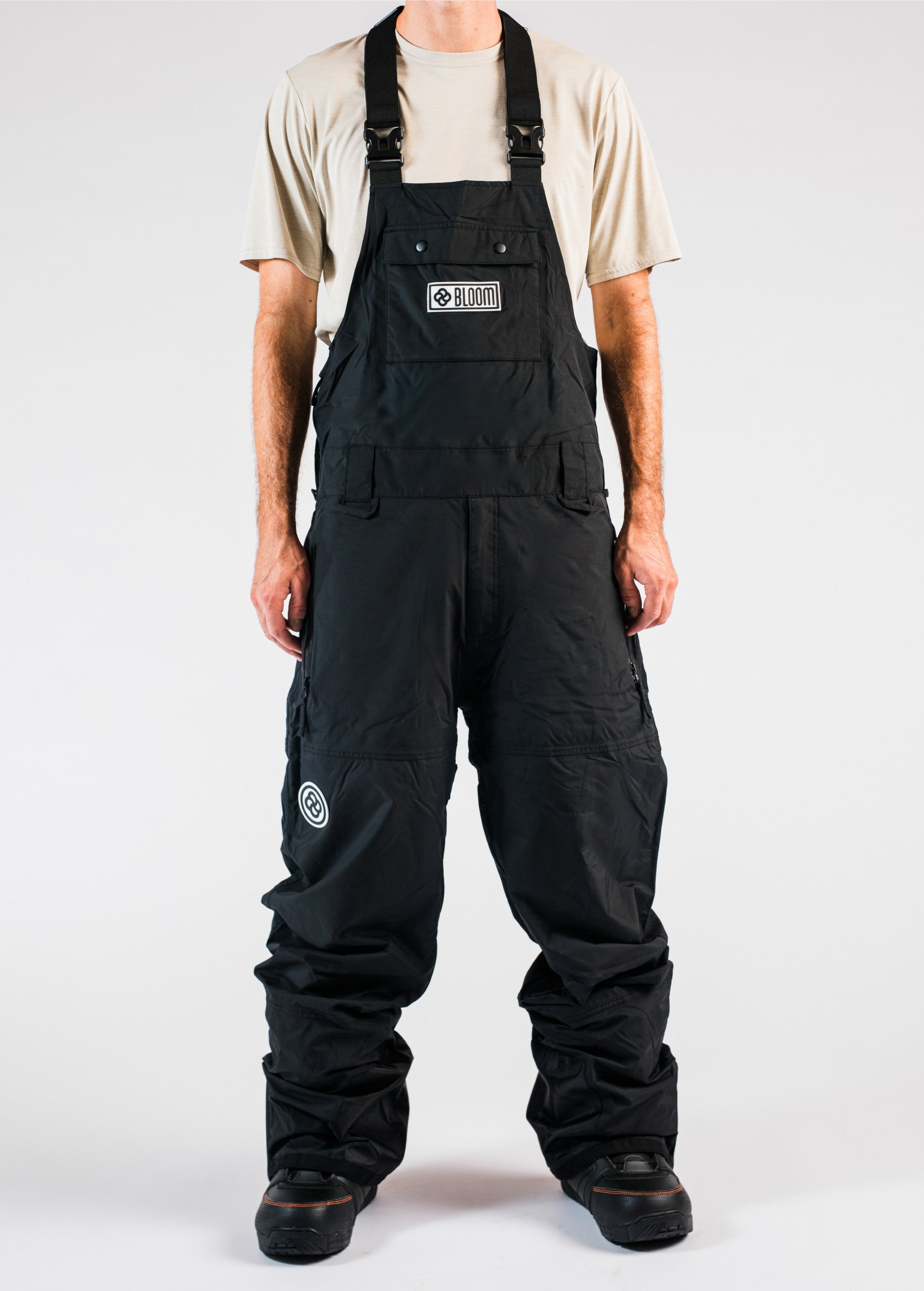 Front view of men's black snowboard bib